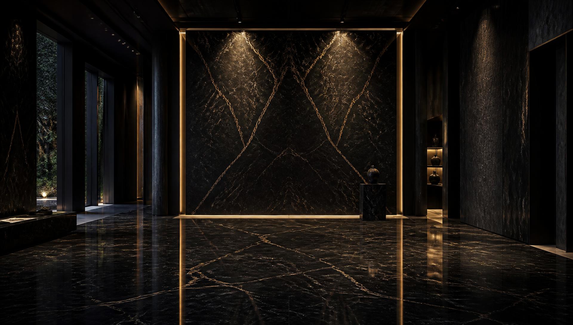 Luxury penthouse with large-format black ceramic tile flooring